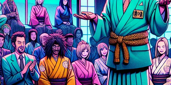 A lively Japanese television studio featuring a charismatic host, audience laughter, and playful cultural elements.