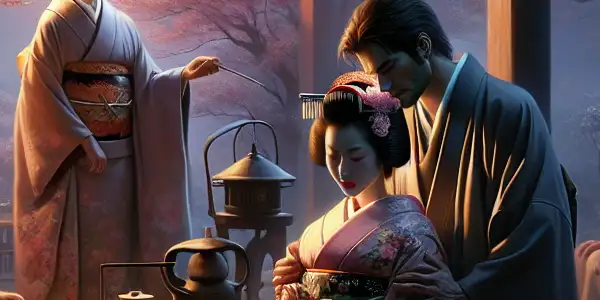 A couple in traditional Japanese attire embraces in a serene garden with cherry blossoms, embodying romance and intimacy.