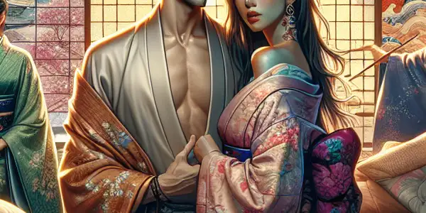 A vibrant Japanese film set featuring characters in kimono and modern attire, surrounded by cherry blossoms and a tranquil koi pond.