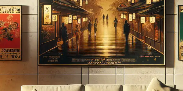 A modern room adorned with vintage Japanese adult film posters, featuring a cozy couch and ambient lighting.