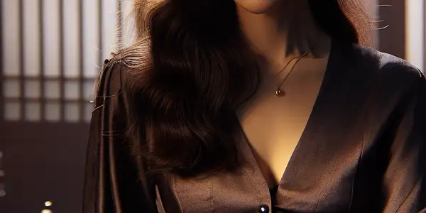 A captivating woman in a stylish outfit, set in a moody, intimate atmosphere with Japanese decor.