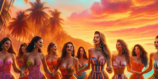 A vibrant Cuban beach scene with beautiful Latin women in colorful attire, enjoying playful interactions at sunset.