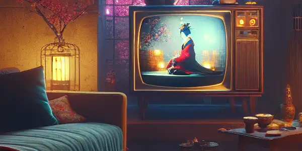 A cozy, dimly-lit room featuring a vintage TV displaying a classic Japanese AV film, surrounded by cultural decor.