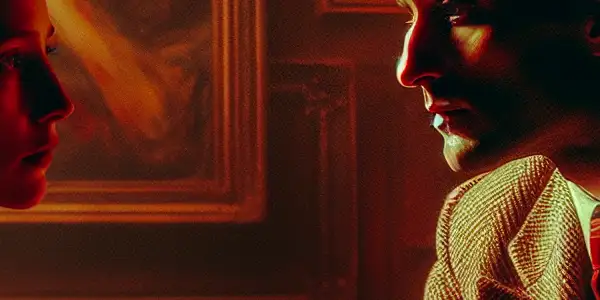 An intimate scene featuring two characters in deep conversation, exploring desire and vulnerability within a richly decorated room.