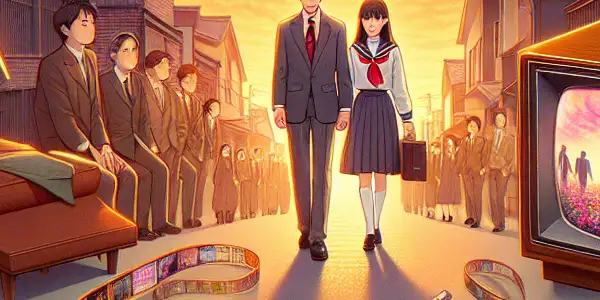 A nostalgic representation of Japanese adult video evolution, featuring vintage VHS, modern streaming, and genre motifs.