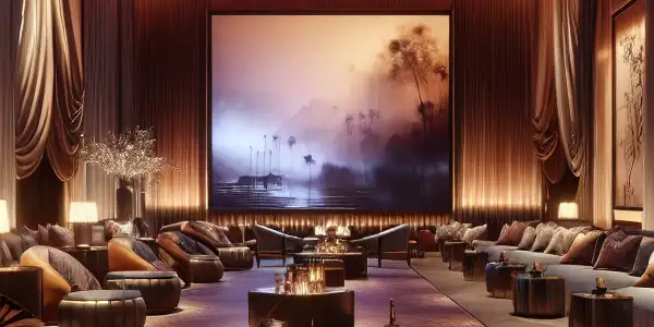 Luxurious and intimate interior of an adult entertainment venue with plush seating and seductive lighting.