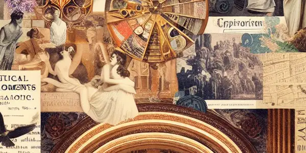 A collage depicting the evolution of Western erotic literature from ancient Greece to modern cinema and contemporary society.