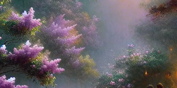 A romantic scene in a lush garden with intertwined figures, lilacs, and soft, warm lighting.<a href=