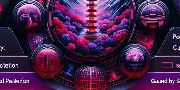 A futuristic virtual interface showcasing adult film categories with high-definition visuals and cybersecurity elements in a modern setting.