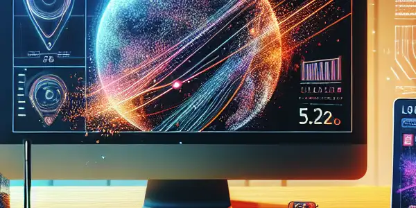 A modern workspace featuring a computer desk with a website mockup for an adult content platform and tech gadgets.