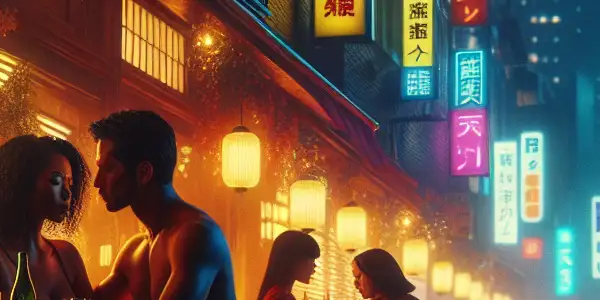 A vibrant 90s Tokyo café scene with stylish couples engaged in deep, emotional conversations under neon lights.