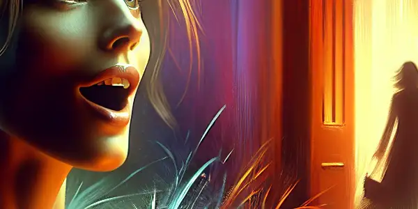 A female character experiences unexpected pleasure in a dramatic, intimate setting filled with mystery and emotion.