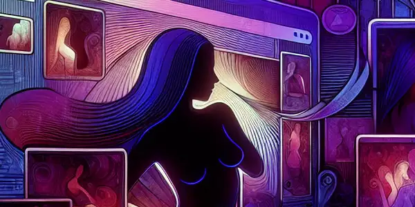 A sophisticated digital marketplace for adult entertainment, featuring a sleek interface and intimate viewing silhouettes in a moody atmosphere.