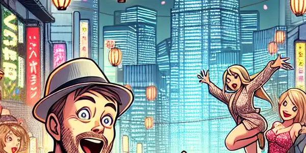 A quirky man named Joseph navigates a vibrant Japanese city, surrounded by playful female characters in flirtatious outfits.