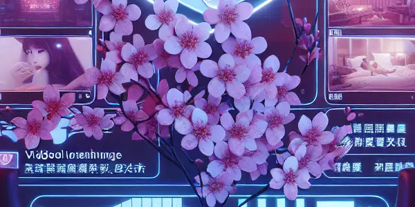 A sleek, high-tech interface of a Taiwanese adult video streaming website in a dimly lit, neon room.