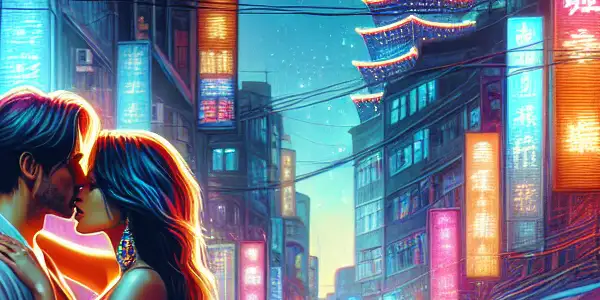 A passionate couple embraces in a vibrant Taipei nightlife scene filled with neon lights and cultural elements.
