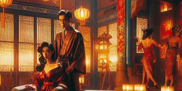 A vibrant scene merging Taiwanese erotic drama and Japanese adult film, set in a nostalgic 90s television studio.