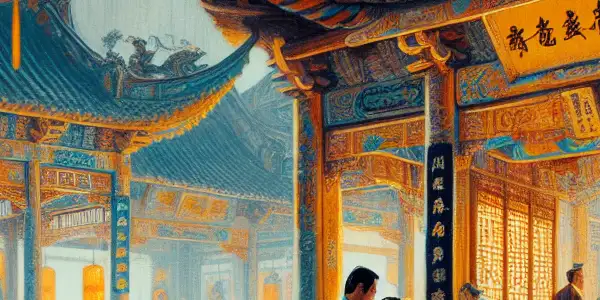 A vibrant Taiwanese film set depicting intimate scenes with characters in traditional attire, evoking 1980s and 1990s erotic cinema.