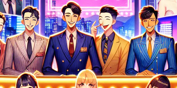 A lively television studio scene featuring diverse hosts and guests engaging in humorous, flirtatious games amidst colorful decorations.