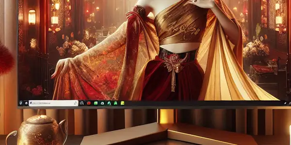 A sophisticated room with ambient lighting, featuring a stylish desk and a tasteful image of a Japanese AV star.