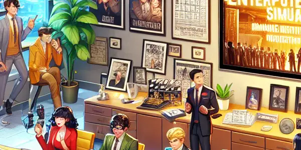 A modern virtual office for an adult entertainment management game, featuring diverse characters collaborating on film production.