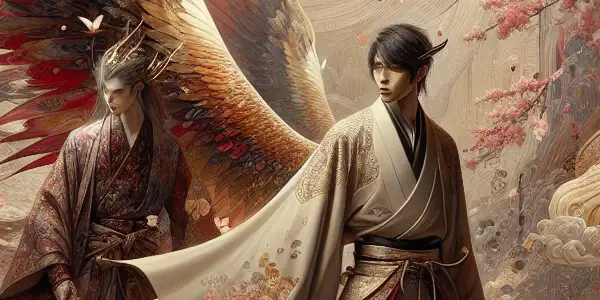 A sensual figure in flowing garments surrounded by cherry blossoms in a dreamy, ethereal Japanese garden.