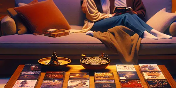 A cozy living room showcasing Japanese and Korean adult entertainment, with a couple discussing films over tea.