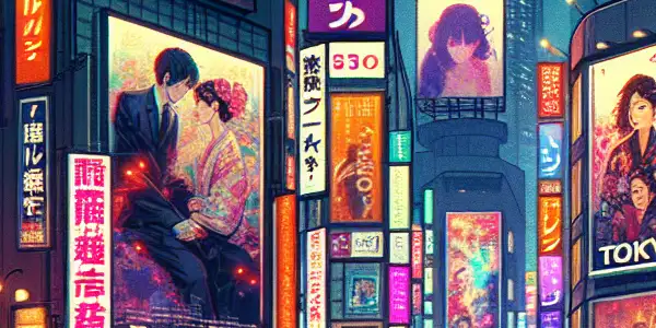 A bustling Tokyo street at night, vibrant with neon billboards advertising Japanese adult films and diverse characters engaging with their surroundings.