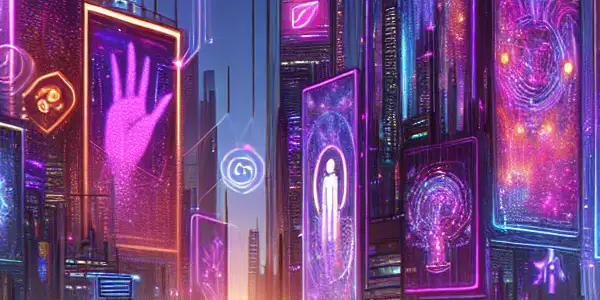 A vibrant, neon-lit cityscape featuring diverse individuals exploring adult entertainment on devices amidst holographic billboards.