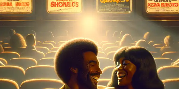 A diverse couple shares an intimate moment in a cozy theater filled with vintage erotic film posters.