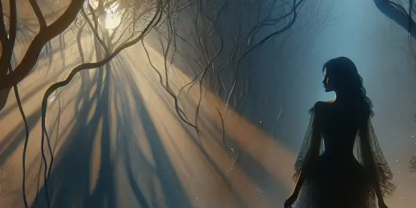 A mysterious figure stands at a forest's edge, enveloped in moonlight and longing, surrounded by shadows and mist.