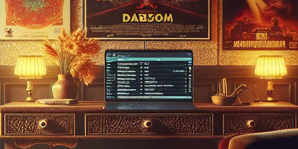 A cozy, dimly-lit room blending Russian decor and modern technology, showcasing adult film posters and a laptop.