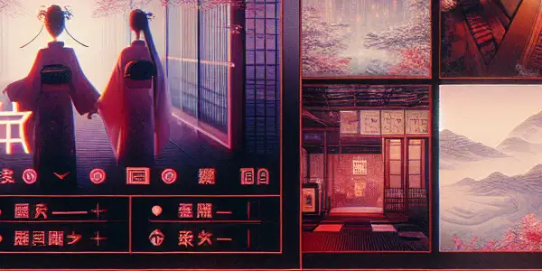 A modern digital interface showcasing diverse Japanese adult film thumbnails with elements of intrigue and cultural motifs.